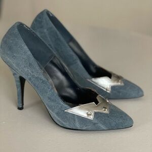 Vintage denim / silver high heels.